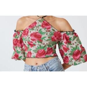 Anthropologie Frida Off The Shoulder Halter Top Red Rose L
